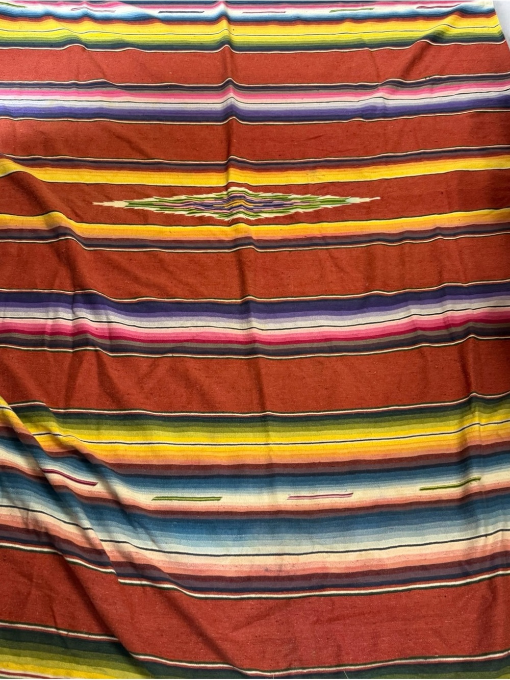 Vintage Handwoven Mexican Saltillo Serape Blanket Red Multi Striped 64x90 - Picture 2 of 5